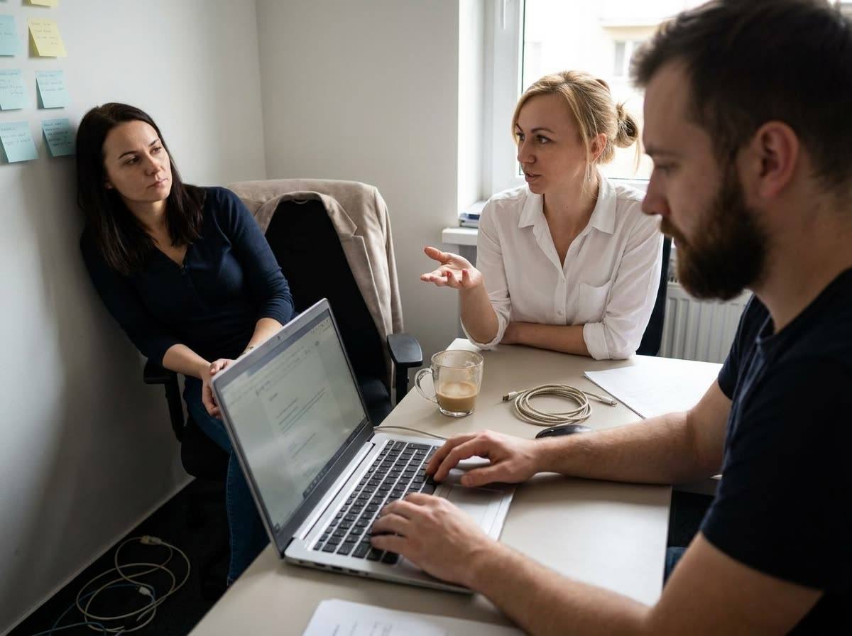 Aga Pawlik overlegt met het MyDentApp-team over de app