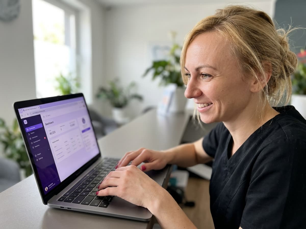 Aga Pawlik, oprichter van MyDentApp, aan het werk met de app in haar praktijk