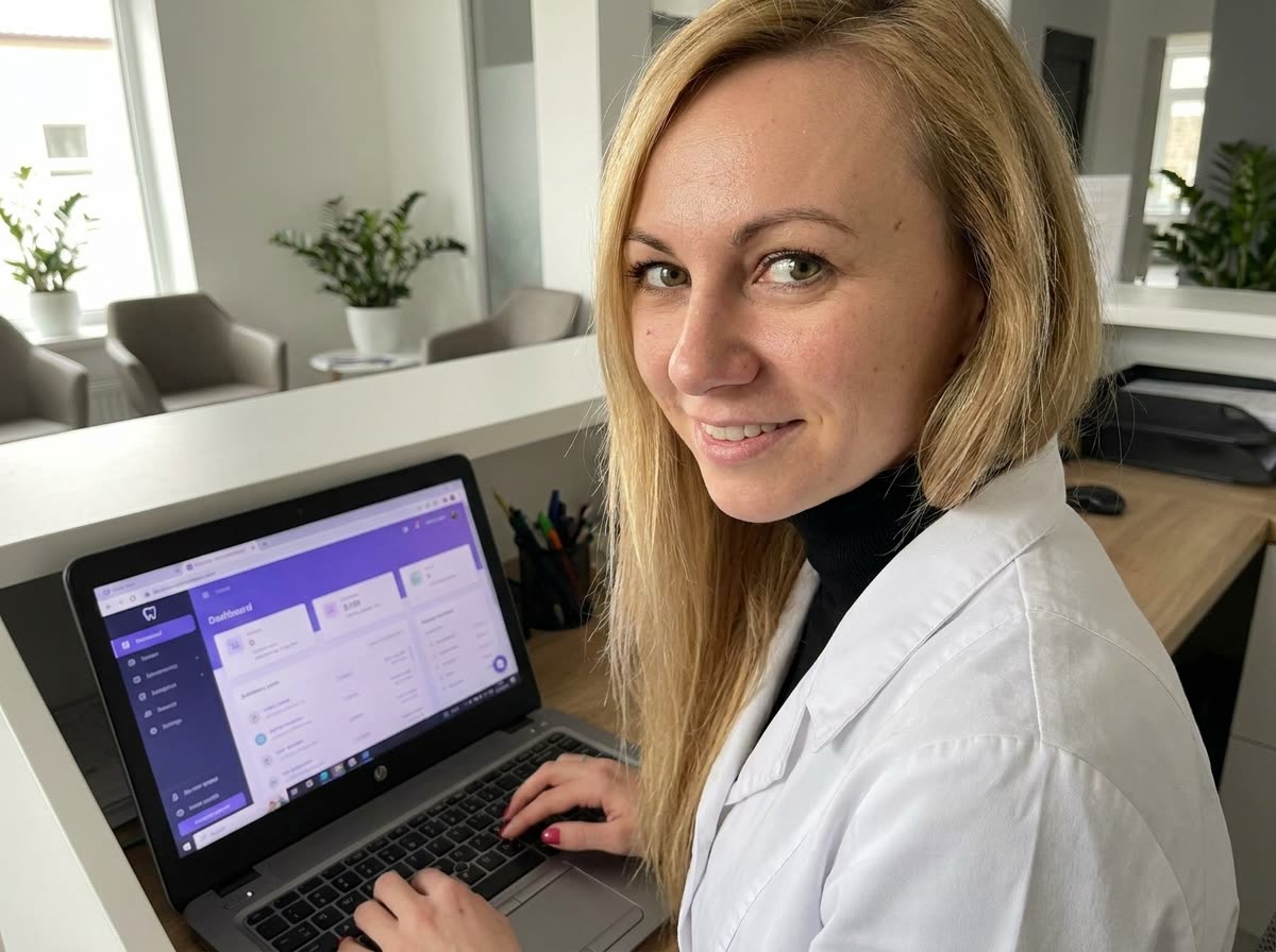 Aga Pawlik werkt met het urendashboard van MyDentApp achter de balie