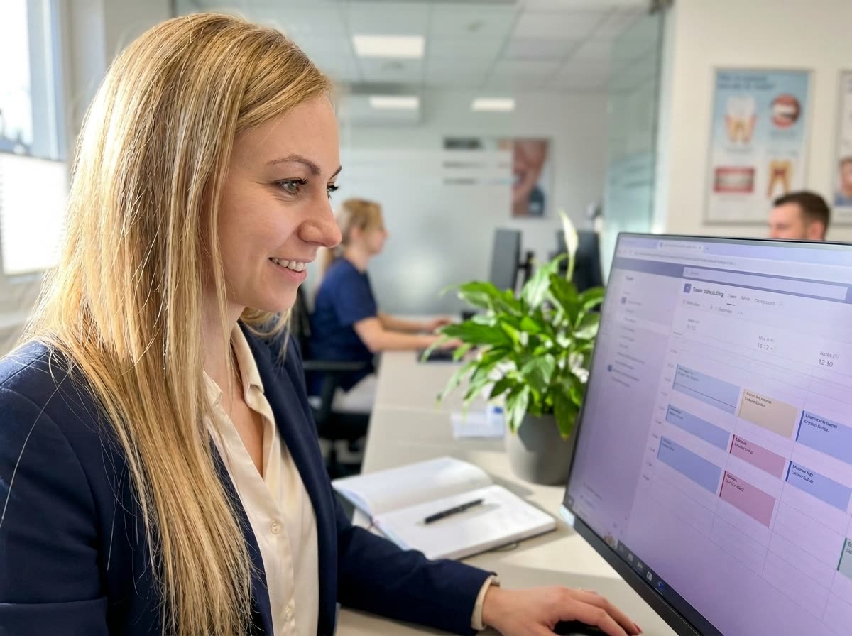 Aga Pawlik, oprichter van MyDentApp, bekijkt de teamplanning van haar praktijk