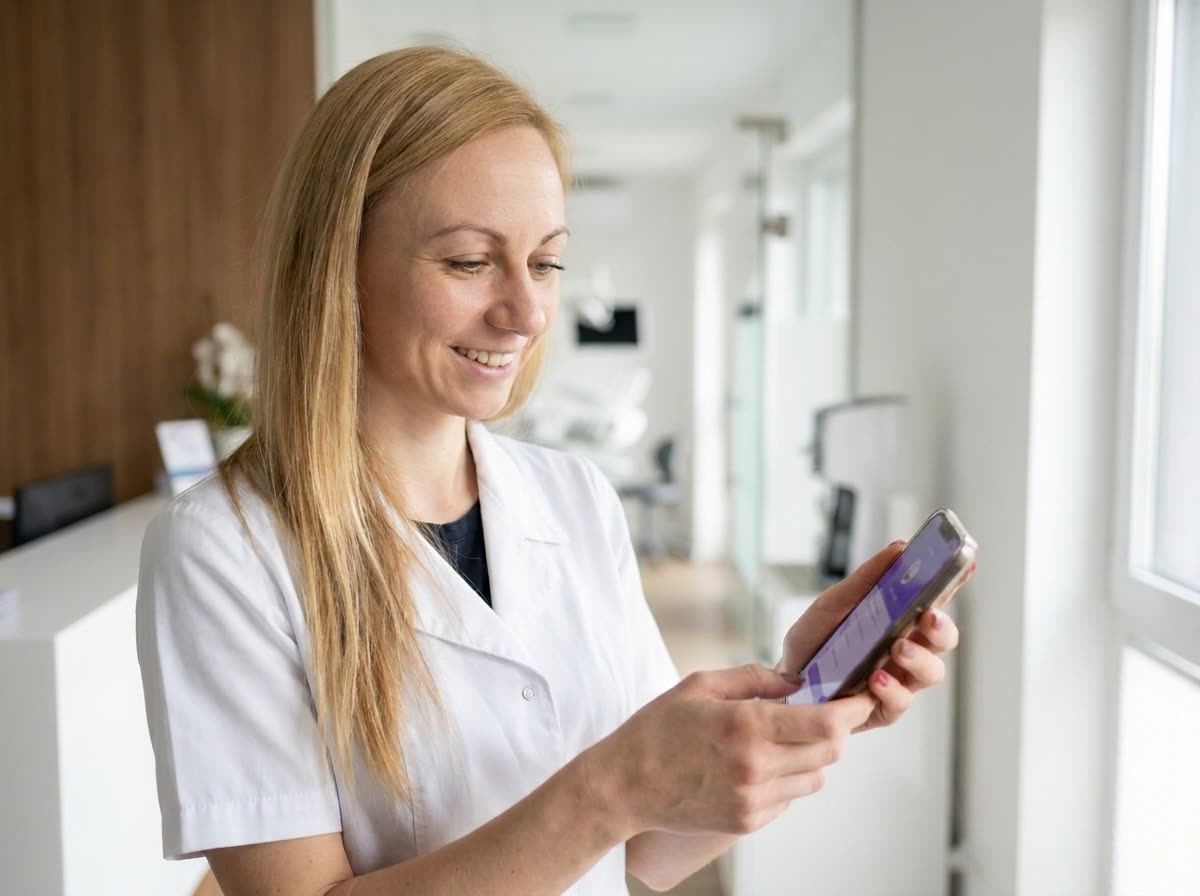 Aga Pawlik laat MyDentApp zien op een telefoon