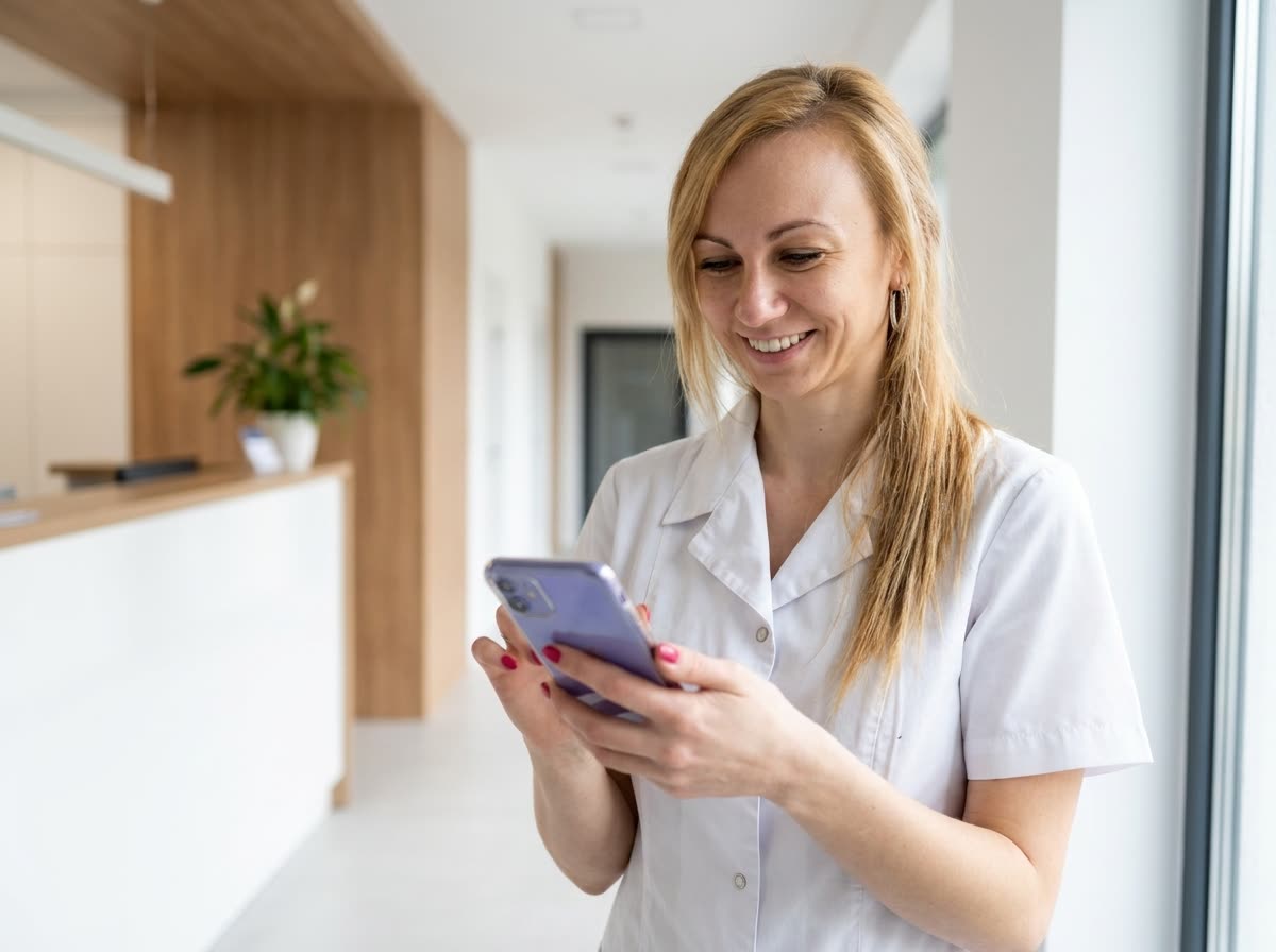 Aga Pawlik checkt de compliance-status van haar praktijk op haar telefoon