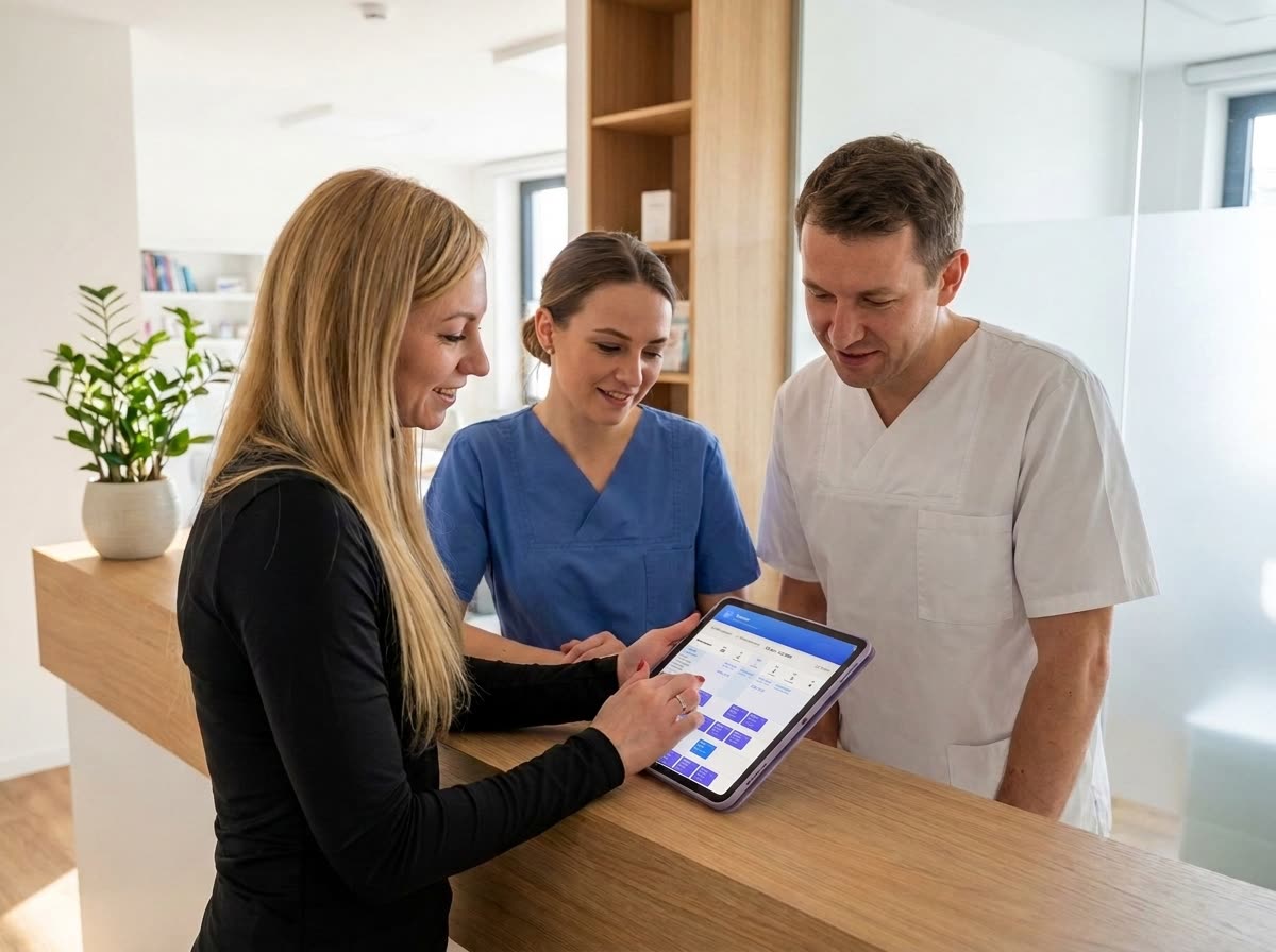 Een praktijkteam bekijkt samen het teamrooster in MyDentApp op een tablet