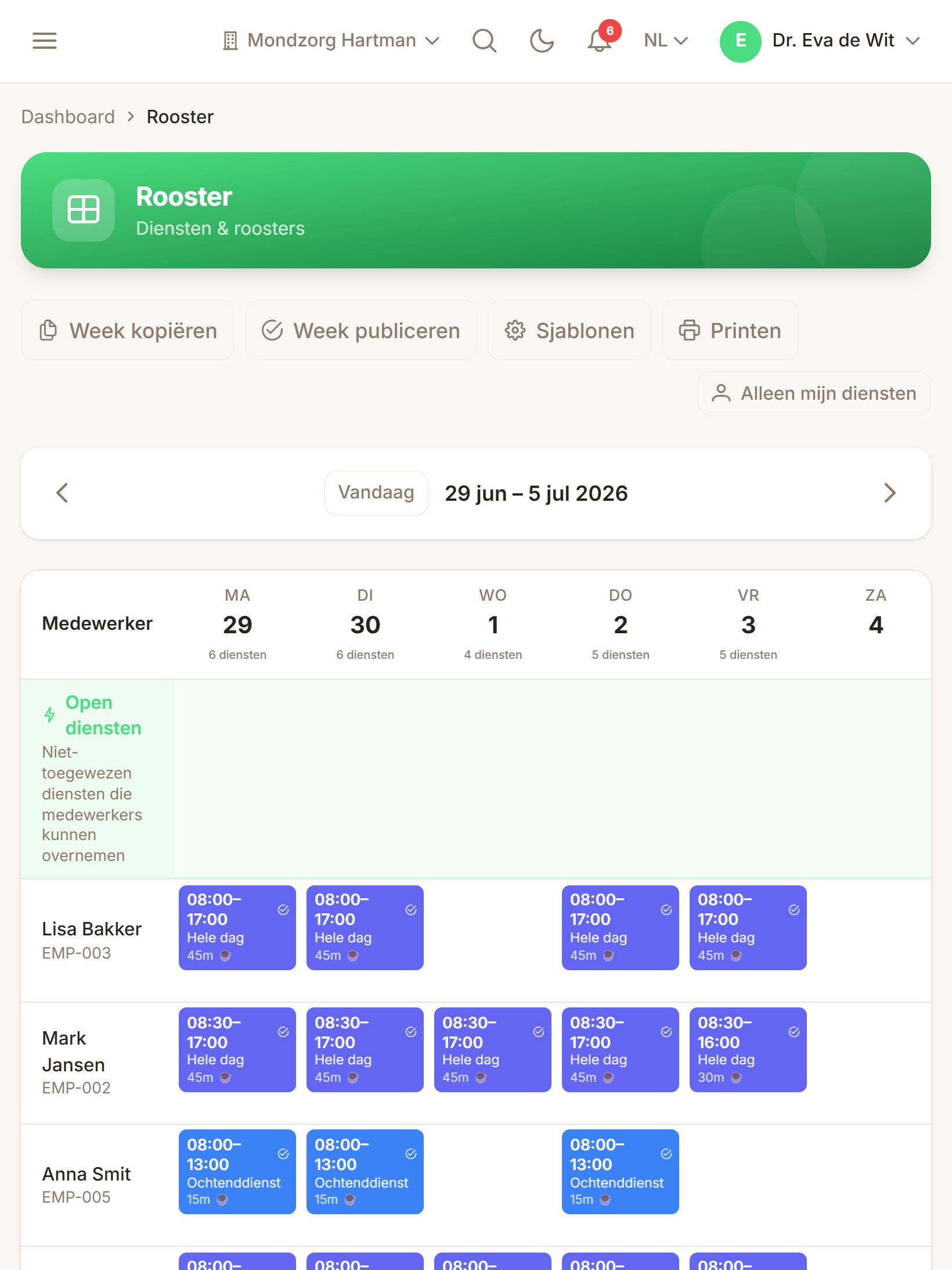 Het gepubliceerde rooster van MyDentApp op een tablet