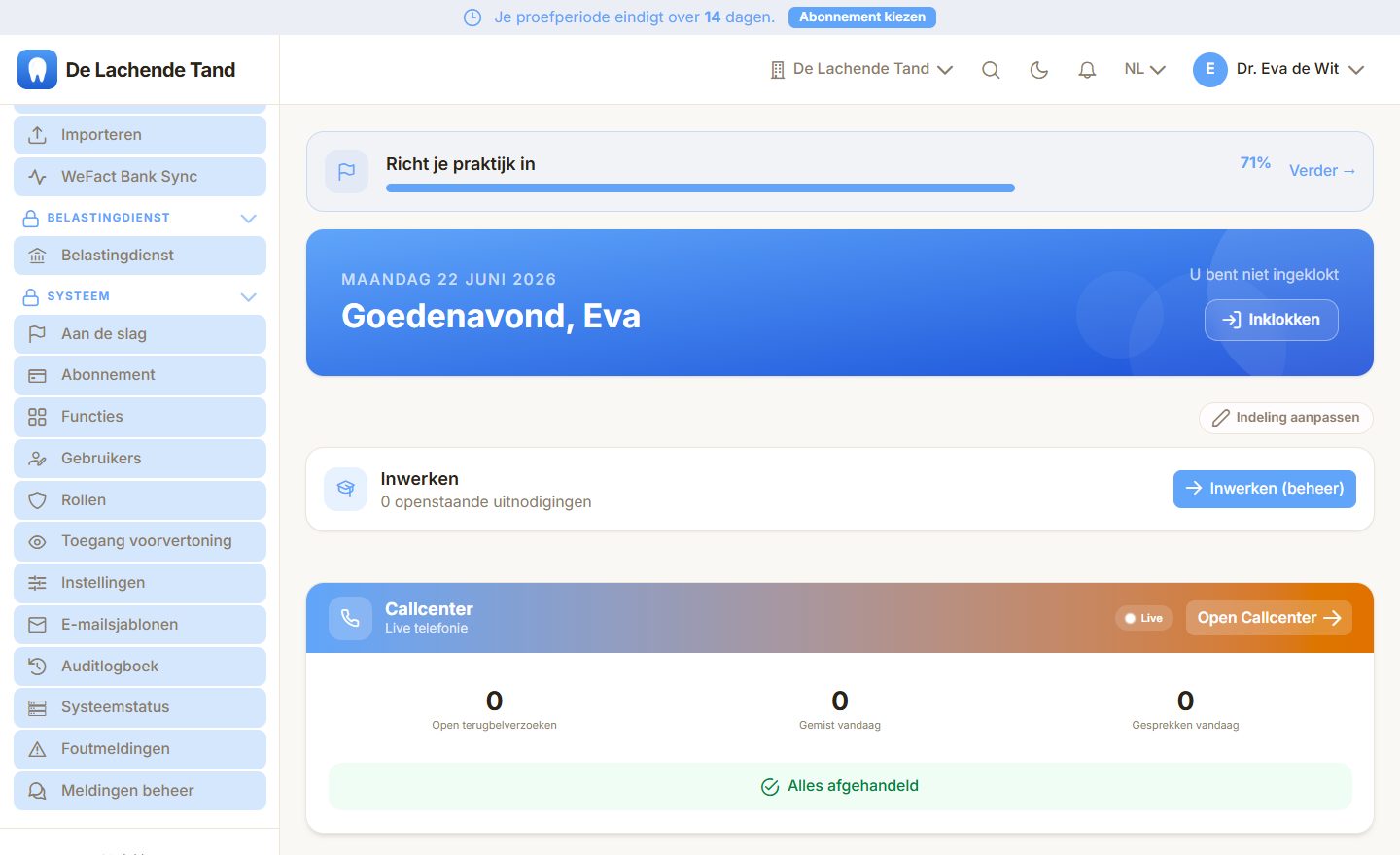 Het beheermenu met de admin-only tabs in MyDentApp