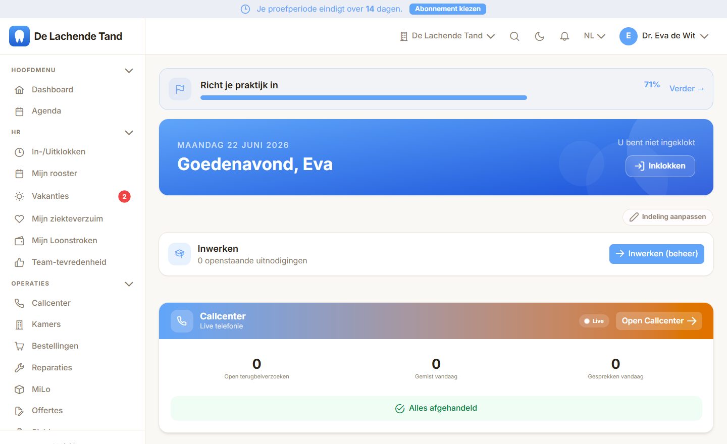 Het dashboard van een tandartspraktijk in MyDentApp