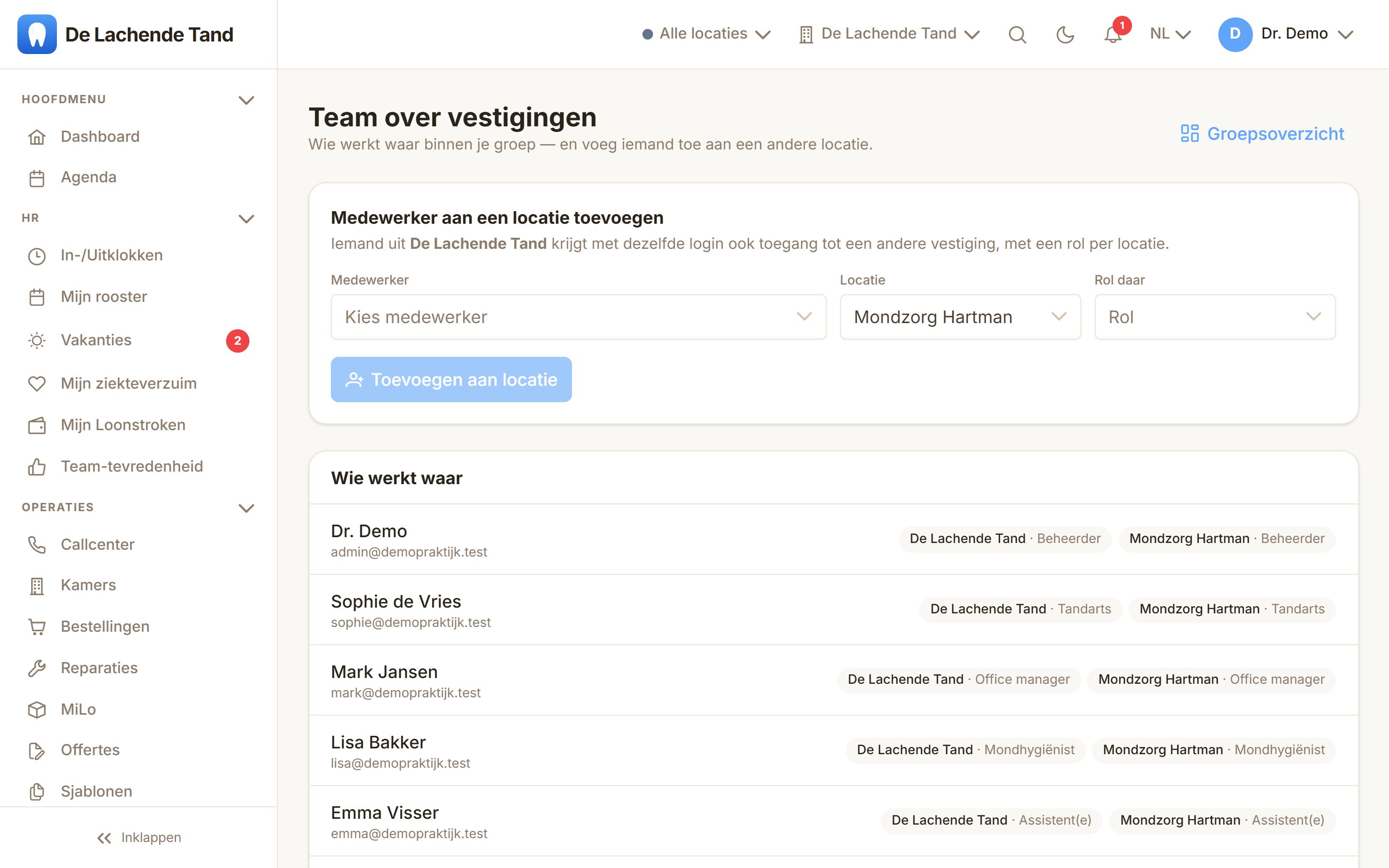 Personeel dat op meerdere vestigingen werkt