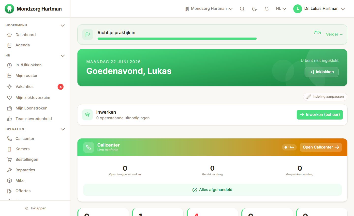 Hetzelfde dashboard voor Mondzorg Hartman, in een eigen groene huisstijl